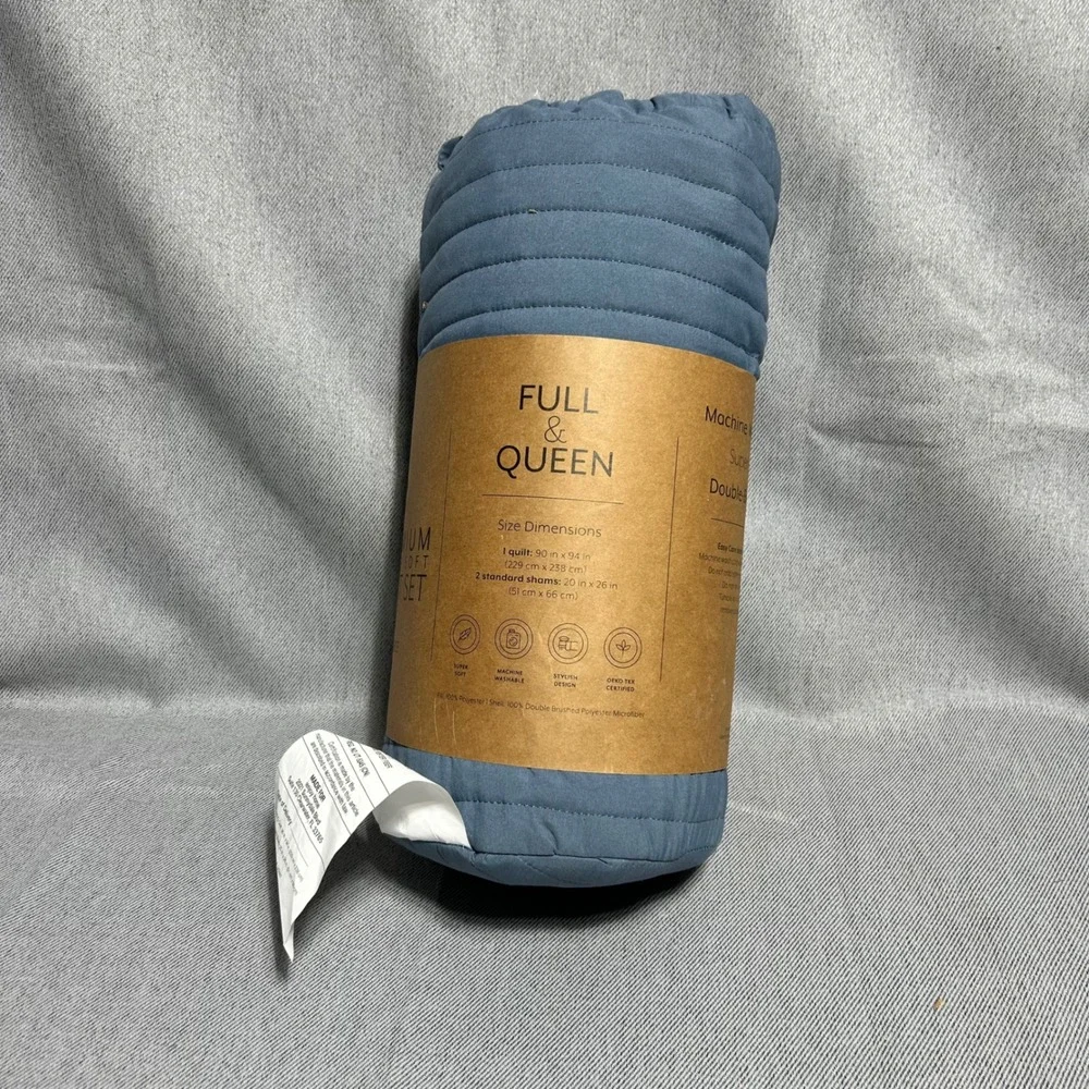 Premium Soft Quilt Set Full Queen‎ Blue Double Brushed 3 Piece Bedding